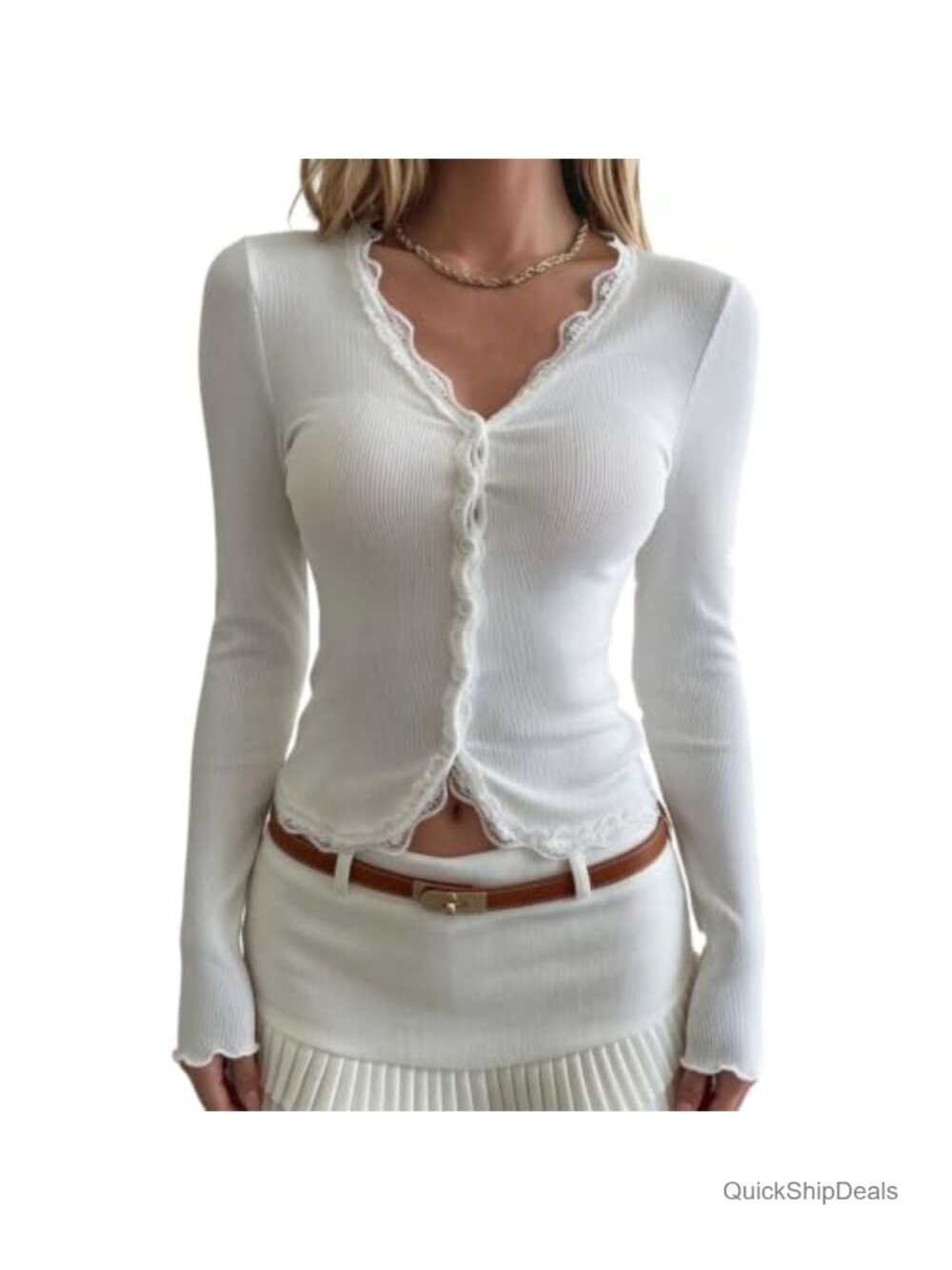 Y2K Henley Lace Crop Top Long Sleeve V-Neck Button Down Tee